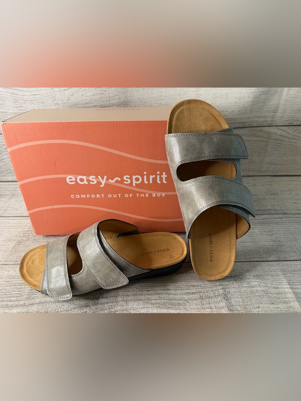 Easy Spirit Metallic Silver Double-Strap Slide Sandals
